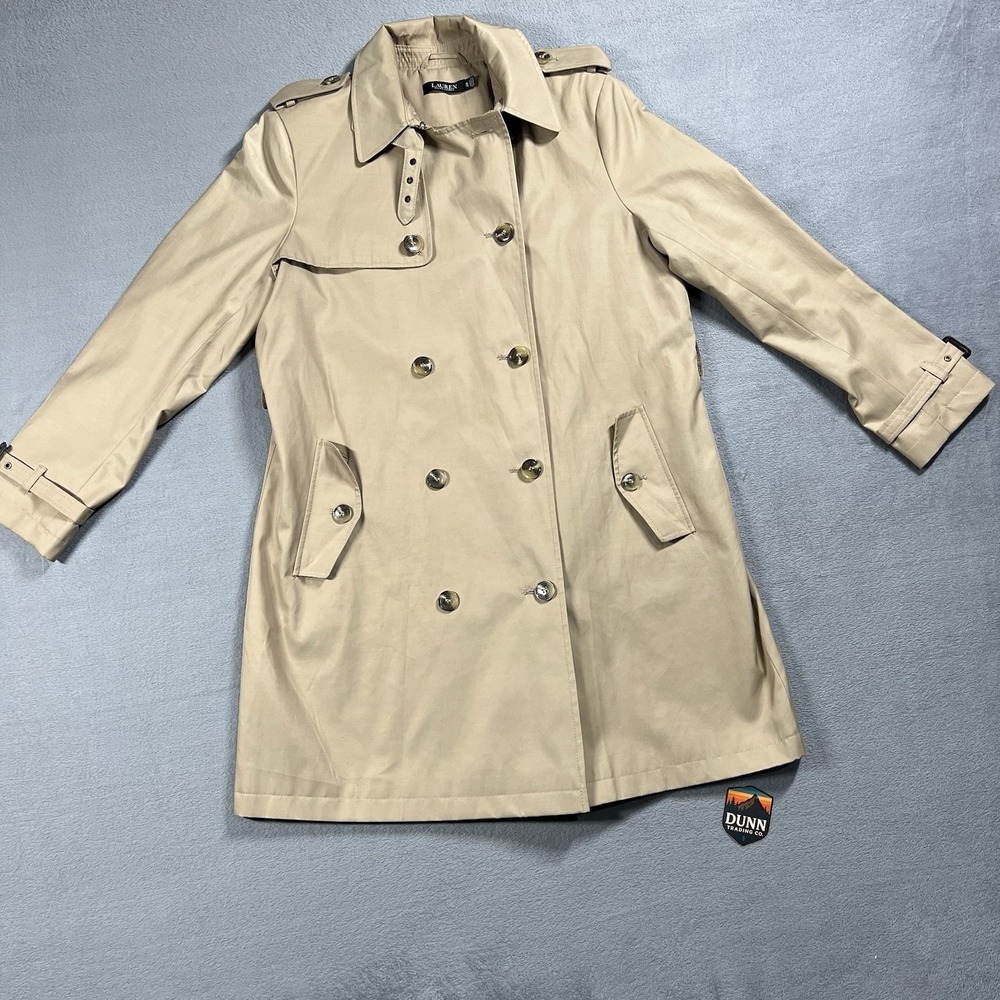 Lauren Ralph Lauren Trench Coat Womens XL Tan Double Breasted Belted Button Up